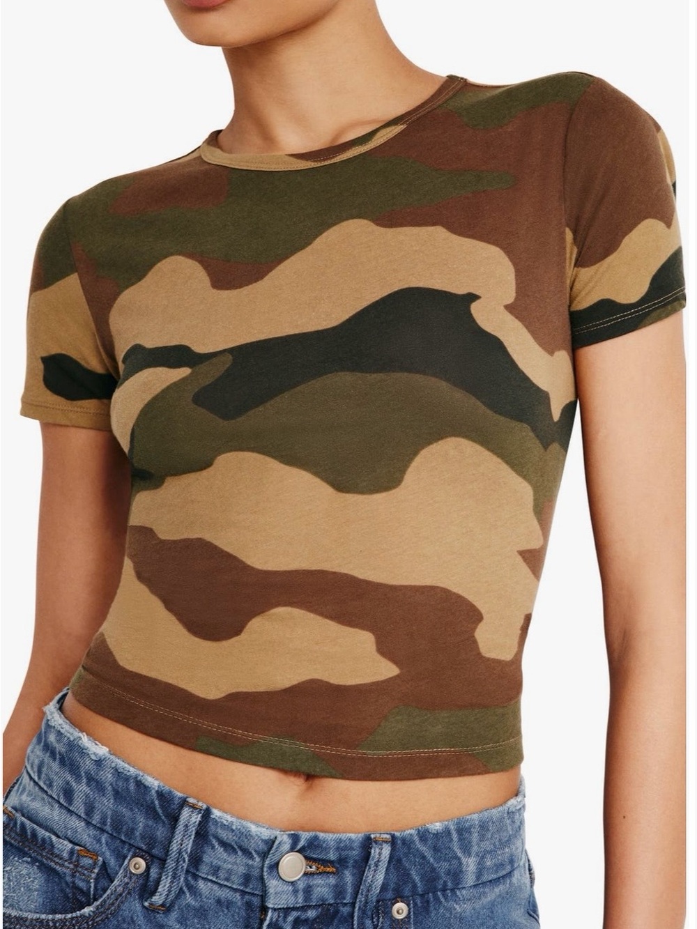 Good American Camo Crop Tee in Olive, Brown, Tan